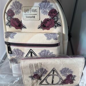 Loungefly Harry Potter Cream Backpack and Wallet with Floral Design